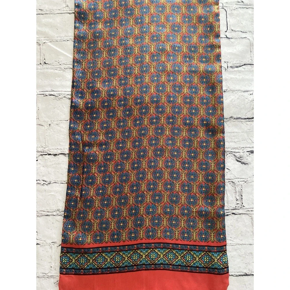 Vintage 100% Silk Rectangular‎ Scarf Japanese Fringe Red Blue Multi 12